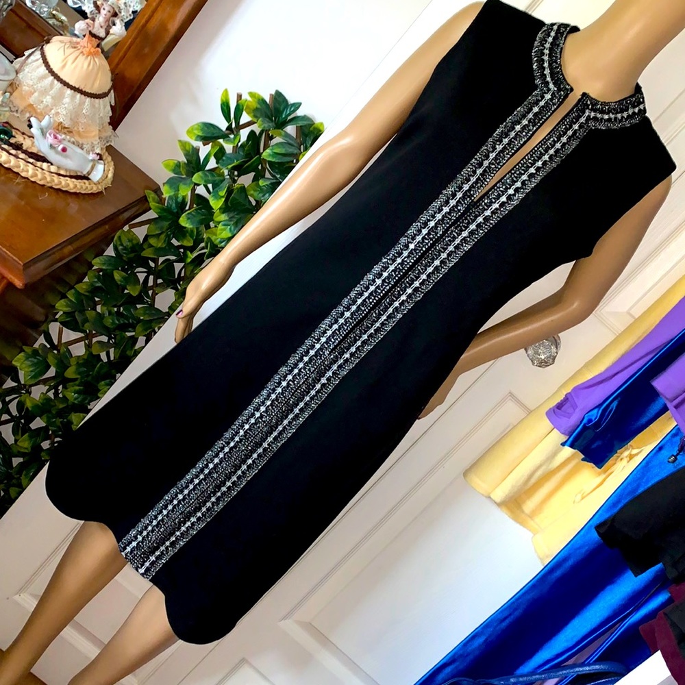 Vintage 60’s Mod black & Silver zippered front black sleeveless midi dress M